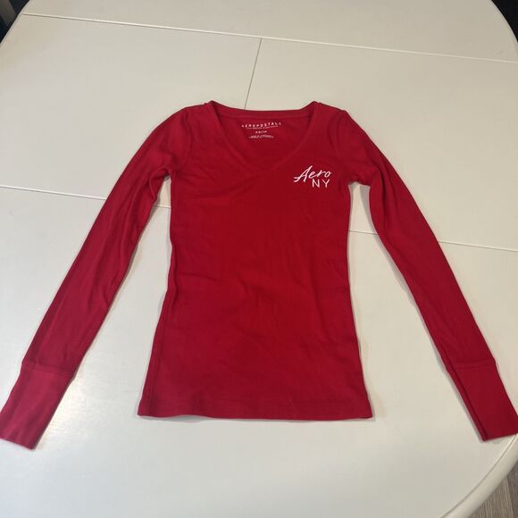 Aeropostale Red V-Neck Basic Tee Womens XS Long Sleeve Logo Ribbed - Picture 1 of 7
